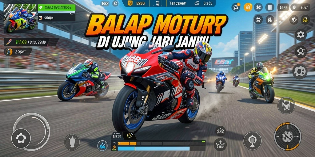 Screenshot E88 menampilkan aksi balapan motor yang mendebarkan.
