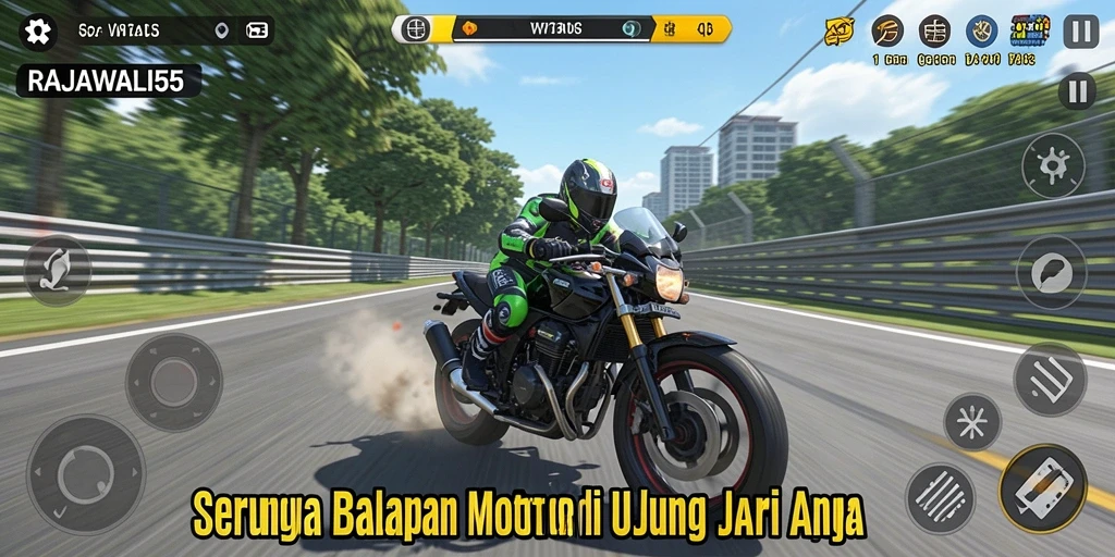 Tampilan balapan mendebarkan di RAJAWALI55 dengan motor yang beraksi.